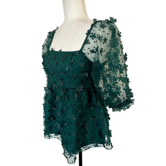 THIRTY THIRTY LA Short Sleeve Top Blouse Size Medium Green Flower Chiffon Lined - Picture 5 of 7